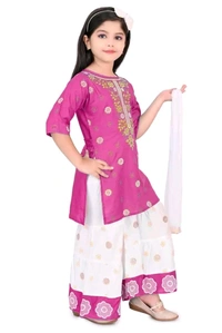 Girls Gold Printed Sharara Kurta Sets  - 2 Years To 10 Years