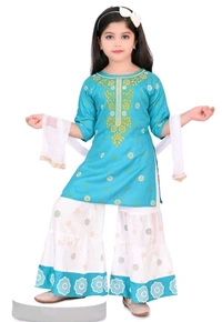 Girls Gold Printed Sharara Kurta Sets  - 2 Years To 10 Years
