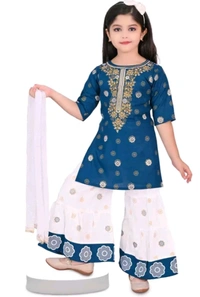 Girls Gold Printed Sharara Kurta Sets  - 2 Years To 10 Years