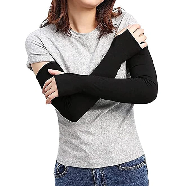 Men's and Women's Full Hand Arm Sleeves finger free arm sleeves dust and pollution Protections Driving Gloves || Black, Free Size - 1