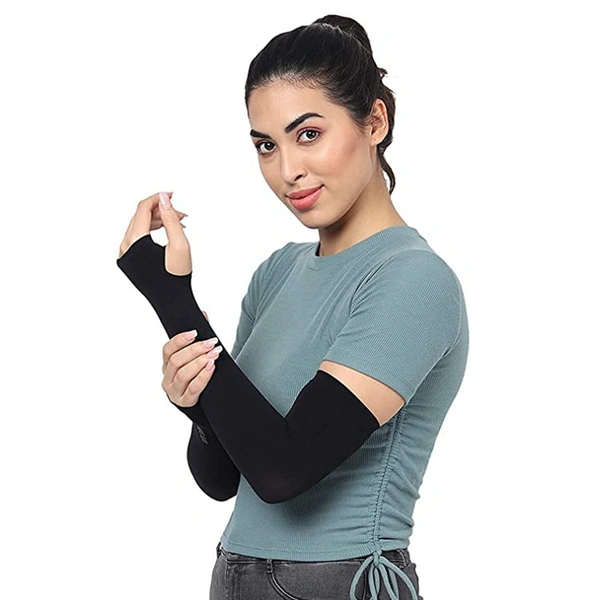 Men's and Women's Full Hand Arm Sleeves finger free arm sleeves dust and pollution Protections Driving Gloves || Black, Free Size - 1