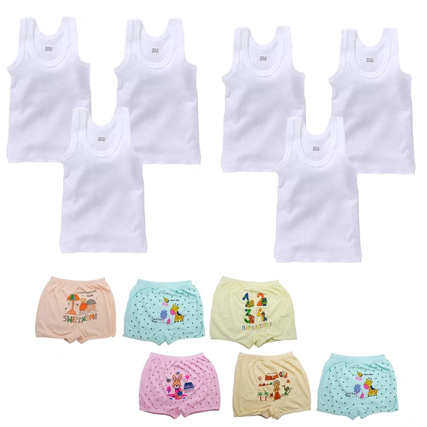 (0 Size) (Pack of 6 Vest, 6 Bloomers)) Set of Baby, Kids Inner Wear Vest & bloomers || Unisex Printed Cotton Panty || 100% Cotton Housiry With Cartoon Print - 6, White, 0-3 Months