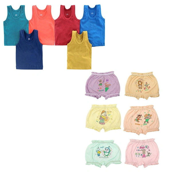 (0 Size) (Pack of 6 Vest, 6 Bloomers)) Set of Baby, Kids Inner Wear Vest & bloomers || Unisex Printed Cotton Panty || 100% Cotton Housiry With Cartoon Print - 6, Multicolor, 0-3 Months