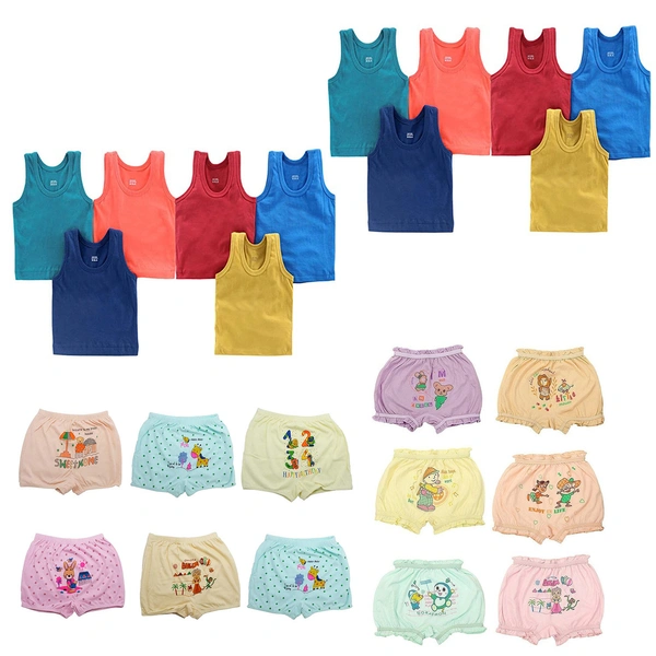 (0 Size) (Pack of 6 Vest, 6 Bloomers)) Set of Baby, Kids Inner Wear Vest & bloomers || Unisex Printed Cotton Panty || 100% Cotton Housiry With Cartoon Print - 12, Multicolor, 3-6 Months
