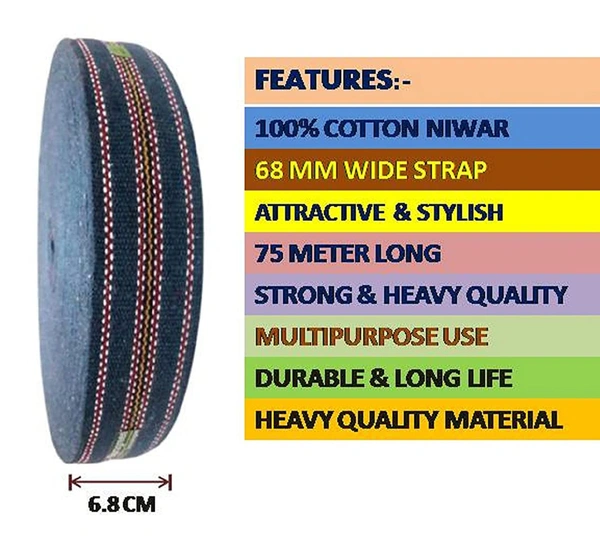 IGNOTO Nylon / Cotton / Plastic Niwar Patta Roll for Folding Chair, Folding Bed, Charpai, khatiya - 6 CM, Nylon, Multicolor