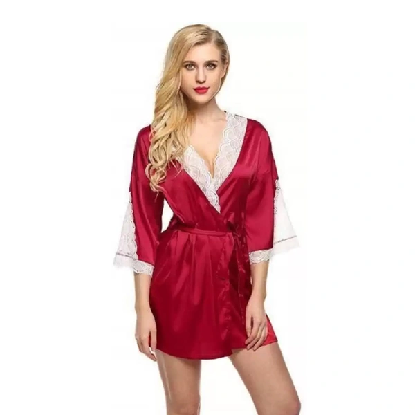 Bride Half Sleeve Stylish Solid Lace Kimono Robe Ladies Satin Silk Night Dress || Babydoll, Honeymoon Sleepwear - 1010-MRN
