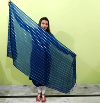 IGNOTO Women's Cotton Dupatta || Multicolor Gold Silver Zari Line Pattern (Pattern/Design: Assorted) - Dark Blue