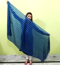 IGNOTO Women's Cotton Dupatta || Multicolor Gold Silver Zari Line Pattern (Pattern/Design: Assorted) - Dark Blue