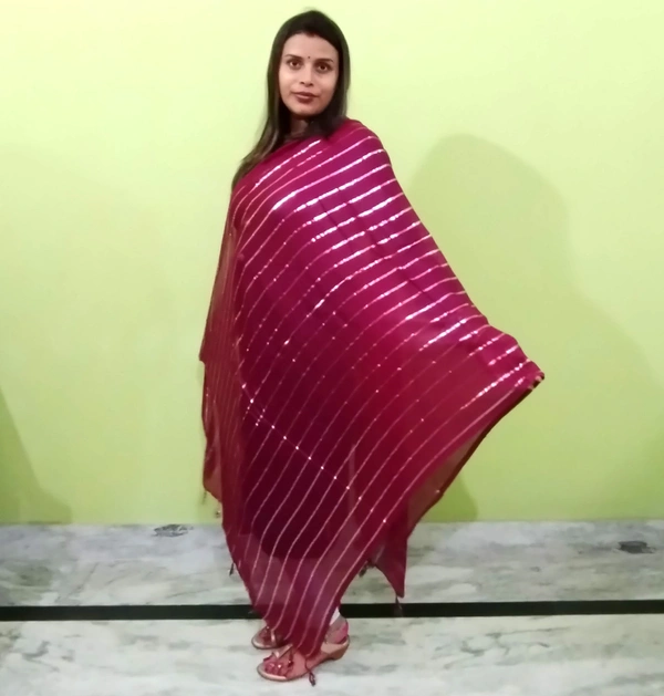 IGNOTO Women's Cotton Dupatta || Multicolor Gold Silver Zari Line Pattern (Pattern/Design: Assorted) - Bright Red