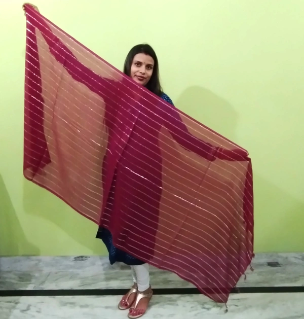 IGNOTO Women's Cotton Dupatta || Multicolor Gold Silver Zari Line Pattern (Pattern/Design: Assorted) - Bright Red