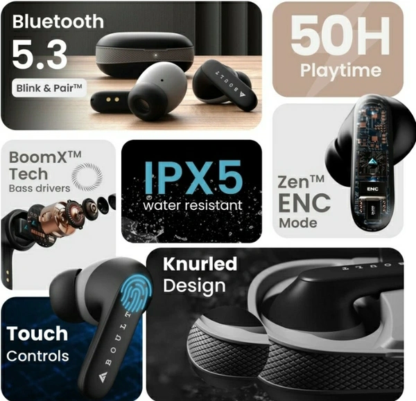 Boult Y1 with Zen ENC Mic, 50H Battery, Fast Charging, Pro+ Calling, Knurled Design Bluetooth Headset (Black, True Wireless)