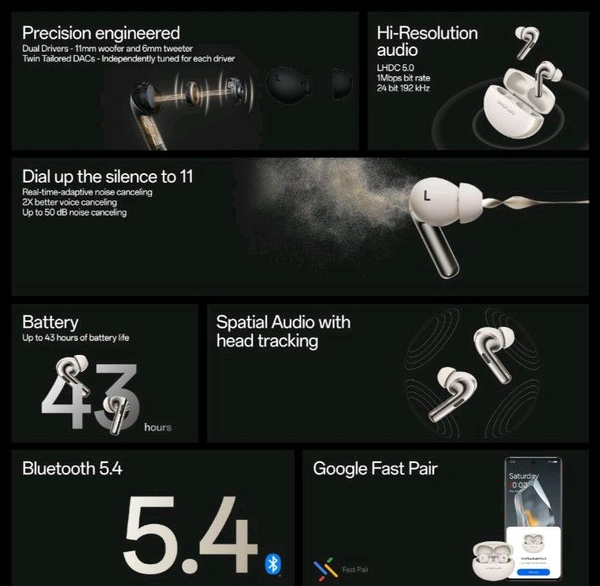 Oneplus OnePlus Buds Pro 3 Bluetooth TWS in-Ear Buds - Dual Drivers, Dual DACs, Dynaudio EQs, Up to 50dB Adaptive Noise Cancellation, Up to 43Hrs Battery [Midnight Opus]