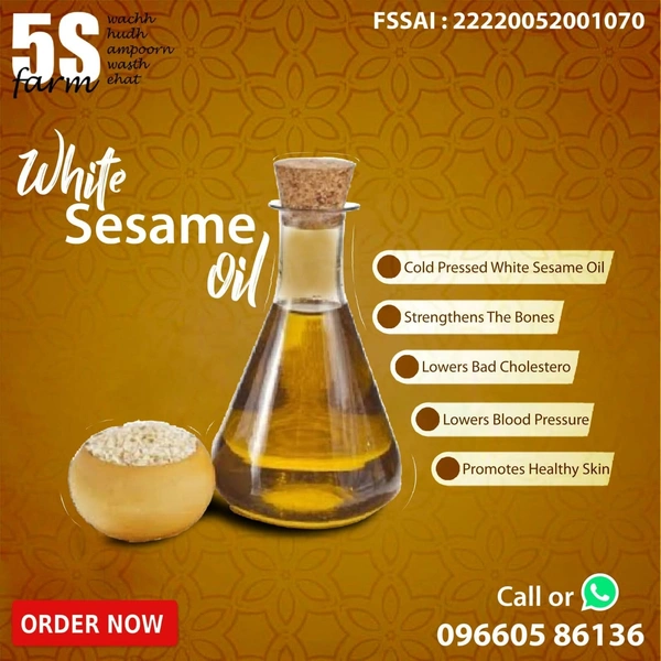 White Sesame Oil – Chemical-Free, Bull Kolhu Cold-Pressed - 1 Ltr