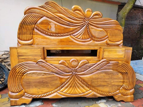 Teak Wood Headbox Bed  - Brown, King Size Standard