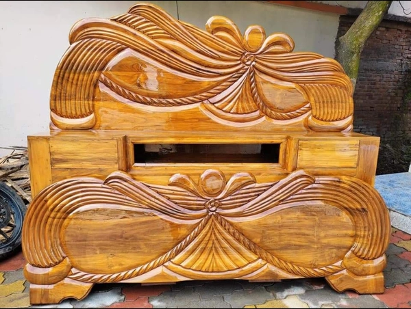 Teak Wood Headbox Bed  - Brown, King Size Standard