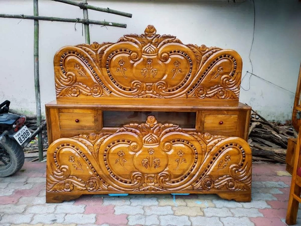 Teak Wood Headbox Bed  - Brown, King Size Double Bed