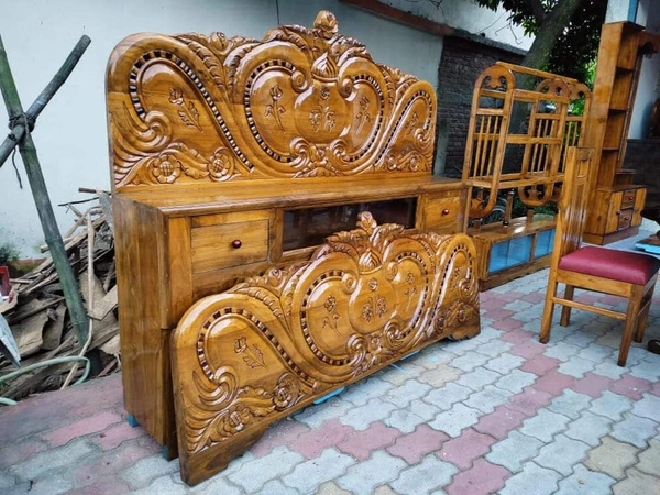 Teak Wood Headbox Bed  - Brown, King Size Double Bed