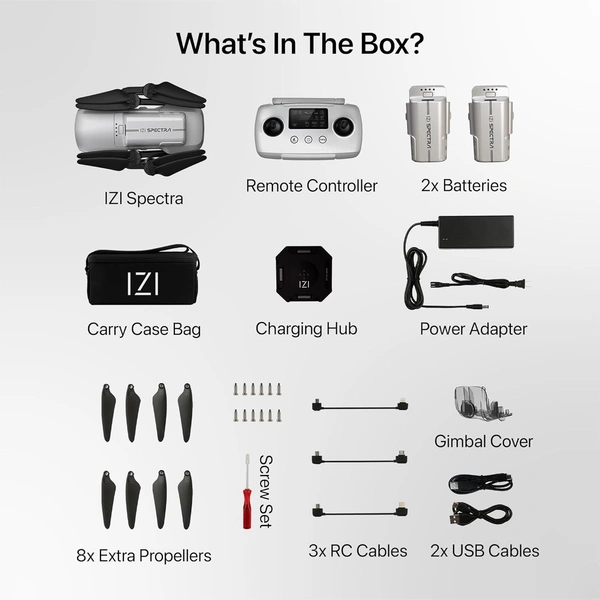 IZI Spectra Remote controlled Drone with Camera 4K HDR Cinematic, 1" CMOS sensor,102 Min Flight, 22KMs Video transmission, 3-Axis Gimbal, GPS drone, Omni obstacle sensor,1 key RTH, 2 Batteries - MINI, White, IZI SPECTRA