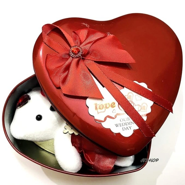 Heart Shaped Tin Box with Teddy Bear and FabricRoses