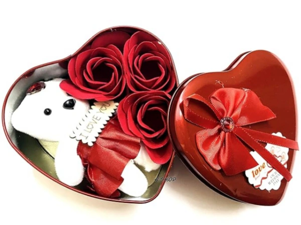 Heart Shaped Tin Box with Teddy Bear and FabricRoses