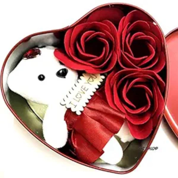 Heart Shaped Tin Box with Teddy Bear and FabricRoses