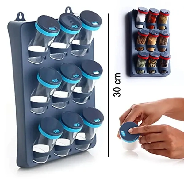 Kitchen Storage Plastic Hanging 9 pieces Jars, Spice Rack Masala Organizer with 3 Tier Container