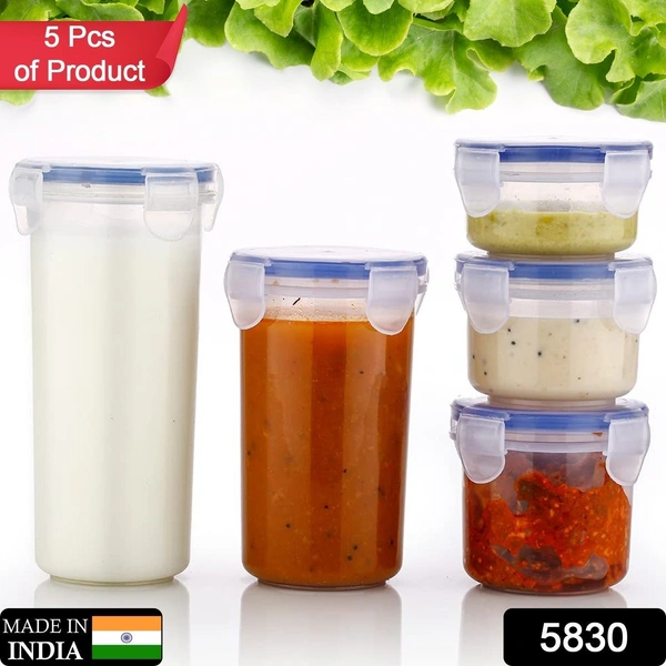 5830 Plastic Liquid Round Airtight Food Storage Container with Leak Proof Locking Lid BPA Free Container for Kitchen, 5 Pcs Set (Transparent,  ( Approx Capacity 110 ml,160 ml,210 ml,400 ml,500 ml) 