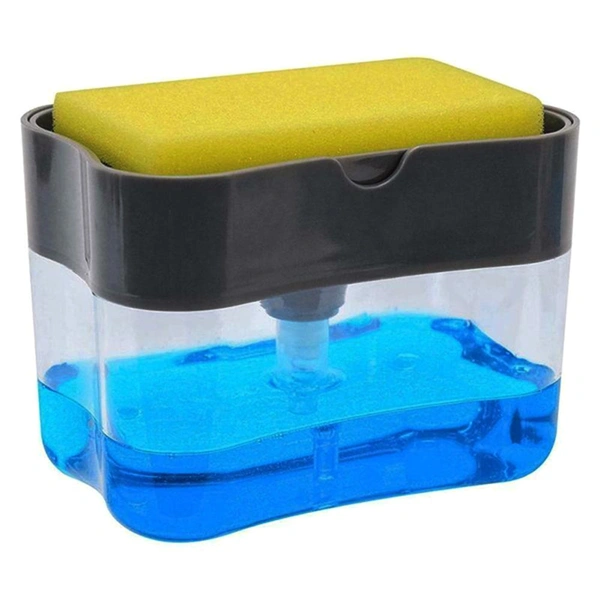 Home Plastic 2 in 1 Sponge Holder Soap Dispenser, Manual Press Liquid Pump Storage (Grey)