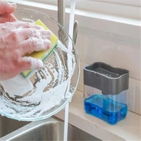 Home Plastic 2 in 1 Sponge Holder Soap Dispenser, Manual Press Liquid Pump Storage (Grey)