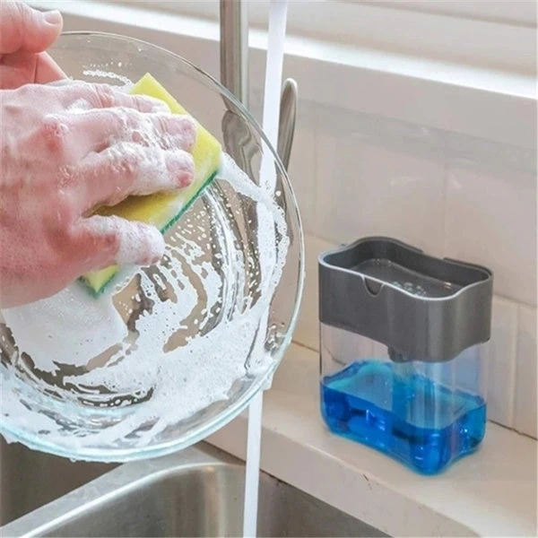 Home Plastic 2 in 1 Sponge Holder Soap Dispenser, Manual Press Liquid Pump Storage (Grey)