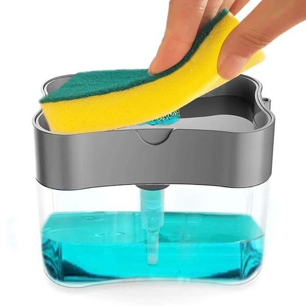 Home Plastic 2 in 1 Sponge Holder Soap Dispenser, Manual Press Liquid Pump Storage (Grey)