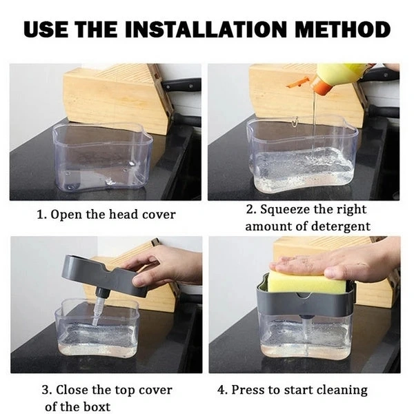 Home Plastic 2 in 1 Sponge Holder Soap Dispenser, Manual Press Liquid Pump Storage (Grey)