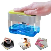 Home Plastic 2 in 1 Sponge Holder Soap Dispenser, Manual Press Liquid Pump Storage (Grey)