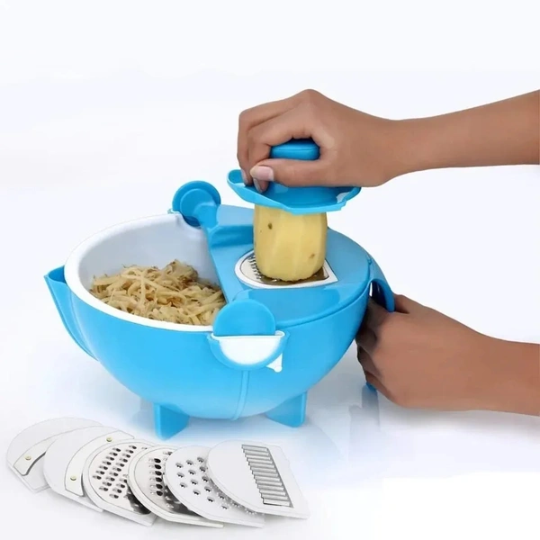 Kitchen Vegetable Fruit Cutter with Drain Basket, 9 in 1 Slicer Hand Guard Handle Detachable Blade 