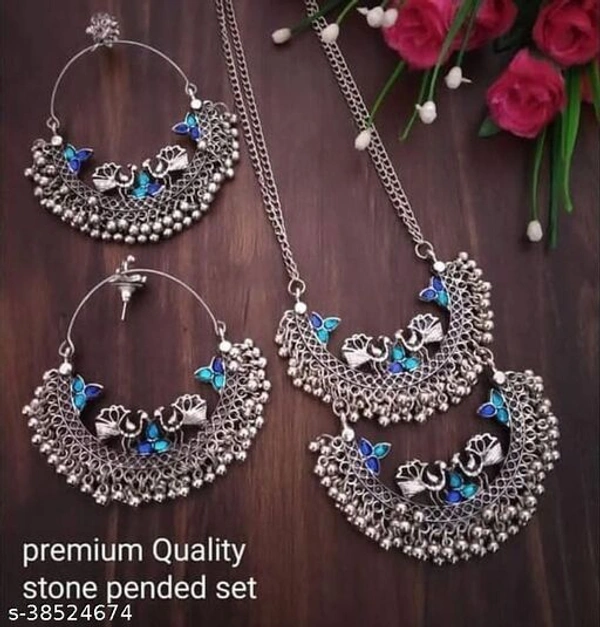 Pendent Oxidised Casual Set - silver blue, free