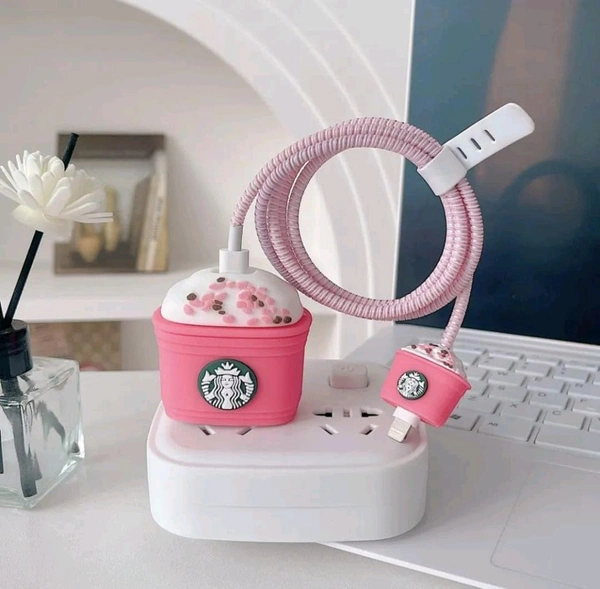 Generic 3D Starbucks Charger Case for iPhone 20W Adapter & Lightning Cable – Cute Peach Pink Silicone Cover | Mobile Charger & Cable Protector  - Peach