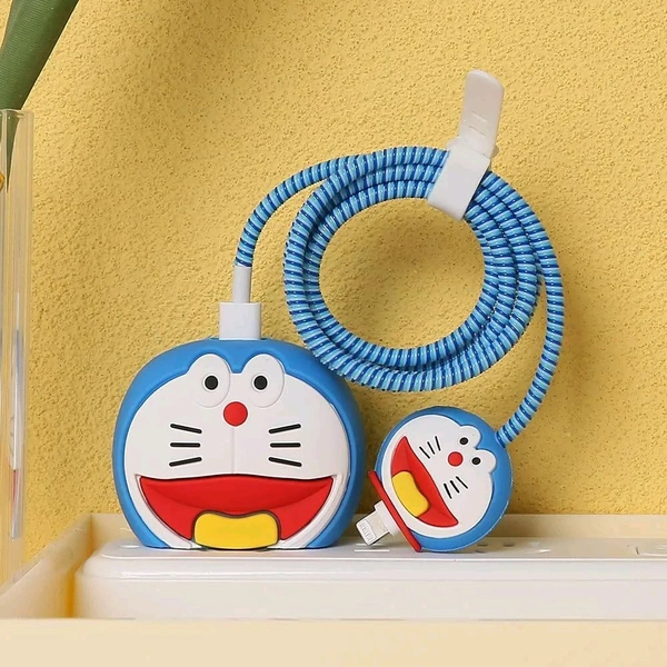3D Doraemon Cartoon Charger & Cable Protector Case for iPhone 18W/20W Adapter & Lightning Cable – Silicone Protective Cover Set (1 Piece) - Doremon Blue, Doraemon Cover Protector