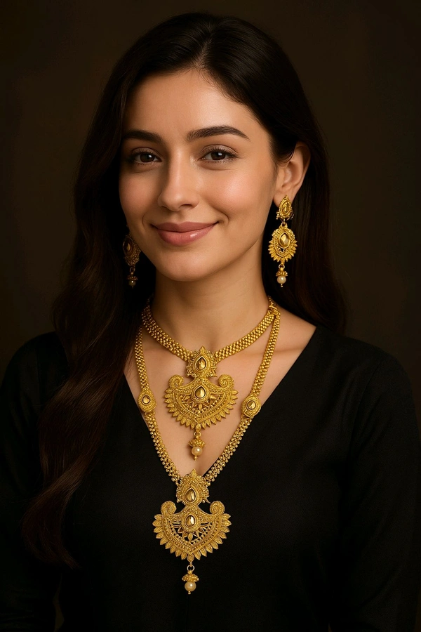 Gold Plated Anti Tarnish Jewellery Traditional Gold Plated Pearl Choker Necklace Set for Women | Bridal Jewelry Set with Earrings for Wedding & Festive Wear
 - Gold, Free Size ( Gold Plated )