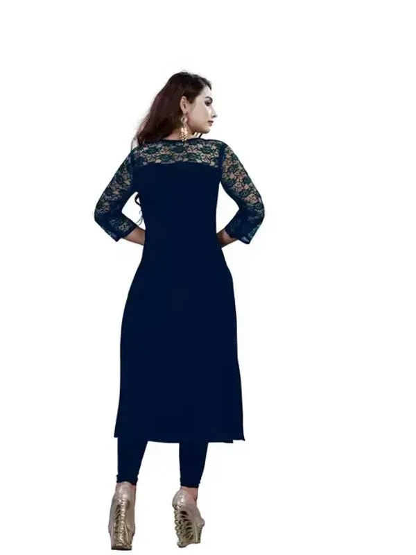 Casual American Crepe And Net Round-Neck 3/4 Length Sleeves Navy Blue Kurti (45"Inches) Mo - XXL