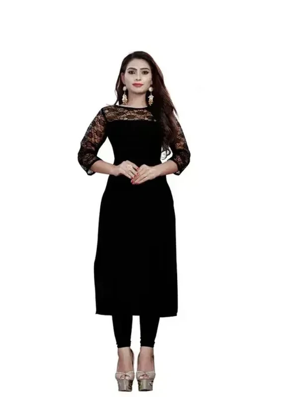 Casual American Crepe And Net Round-Neck 3/4 Length Sleeves Black Kurti (45"Inches) Mo - L