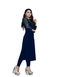 Casual American Crepe And Net Round-Neck 3/4 Length Sleeves Navy Blue Kurti (45"Inches) Mo - M