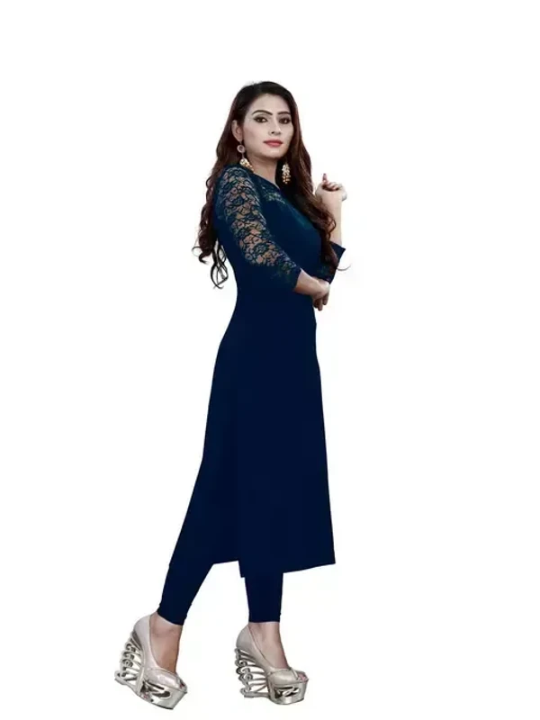 Casual American Crepe And Net Round-Neck 3/4 Length Sleeves Navy Blue Kurti (45"Inches) Mo - XL