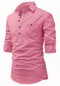Apektra Men's Cotton Fabric Roll Up Sleeve Slim Fit Spread Collar Short Kurta MO - XL