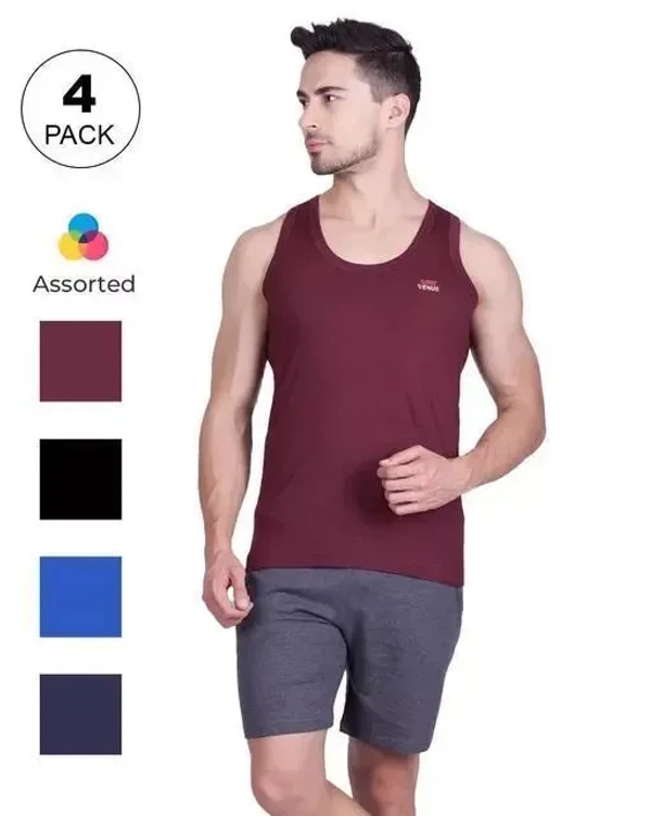 Lux Venus Assorted Round Neck Cotton Men Vests Pack of 4 Mo - XL