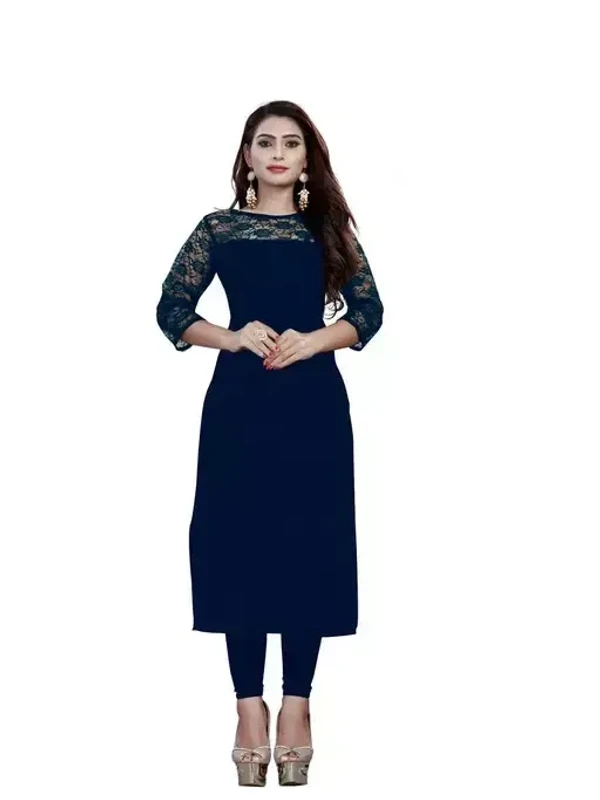 Casual American Crepe And Net Round-Neck 3/4 Length Sleeves Navy Blue Kurti (45"Inches) Mo - XL