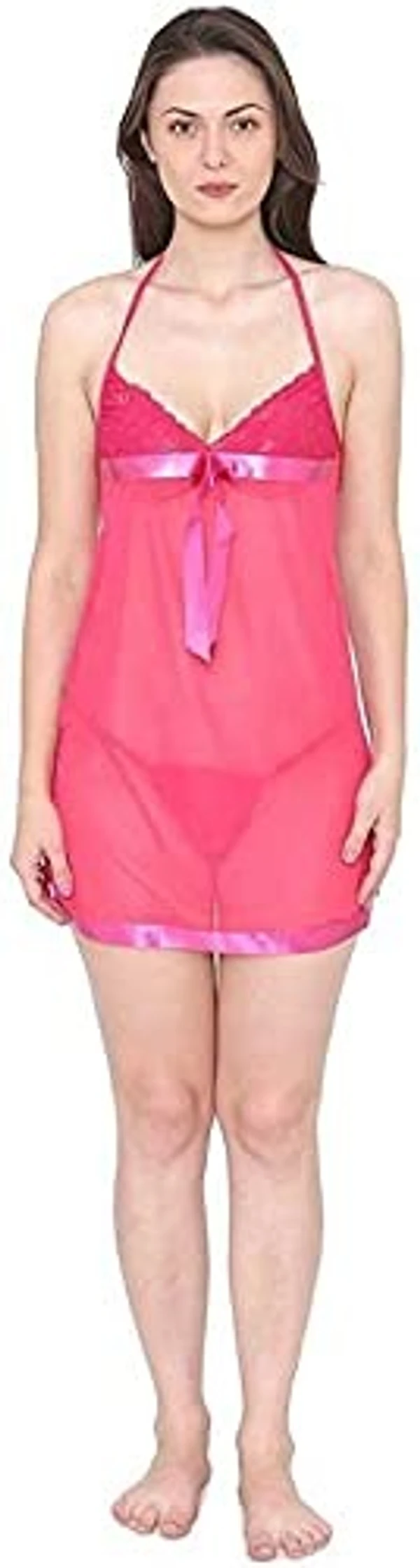 DHREXV Women's Lace Solid Above The Knee Babydoll with Panty (1001_Dark Pink_Free Size) An - Free Size