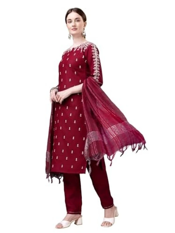 VEDANSHI Women's cotton bleand with embroided & sequence work and fully stiched kurti and with pant & dupatta (multicolor, pack of set 1) AN - S