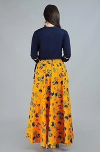 ALASHA Women's Rayon Yellow Skirt Top Blue Set Ready to Wear Rayon Blend Solid Topskirt An - M