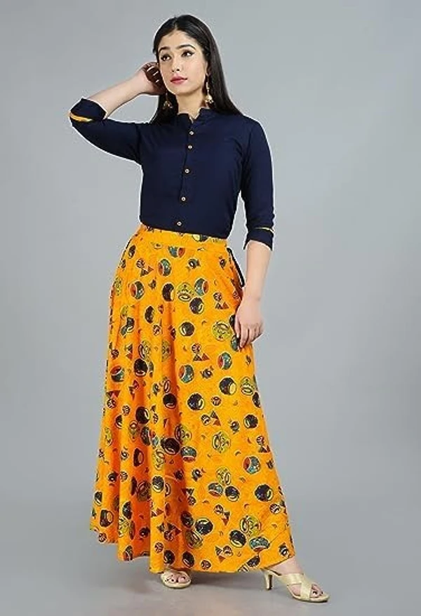 ALASHA Women's Rayon Yellow Skirt Top Blue Set Ready to Wear Rayon Blend Solid Topskirt An - XXL