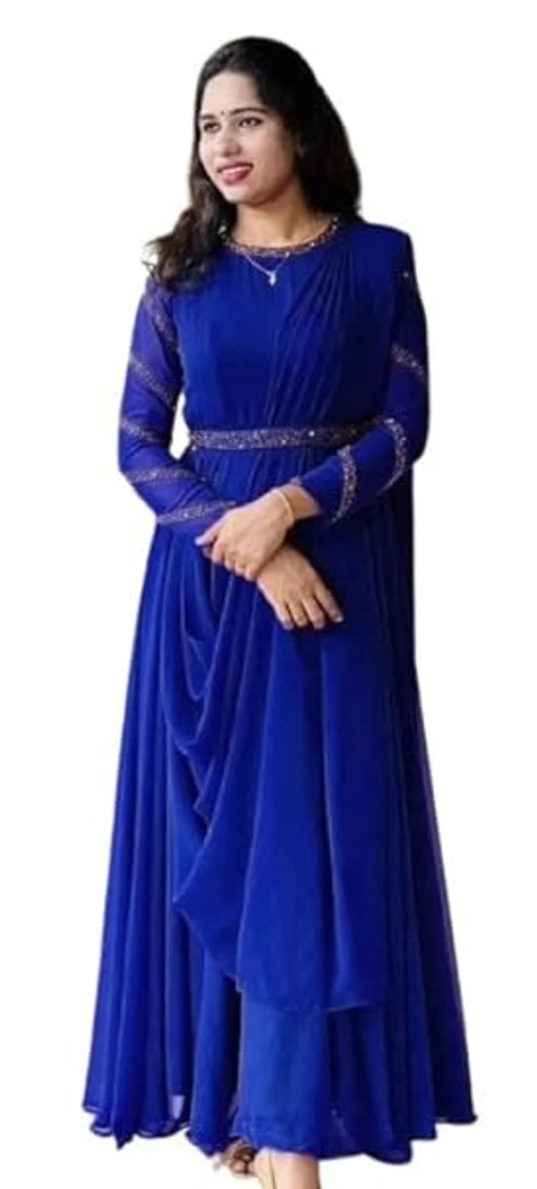 Women's Traditional Georgette Beautiful and Elegant Hot Fix Work On Round Neck & Full Sleeve with Extra Belt & Dori Fully Stitched Gown  - XXL